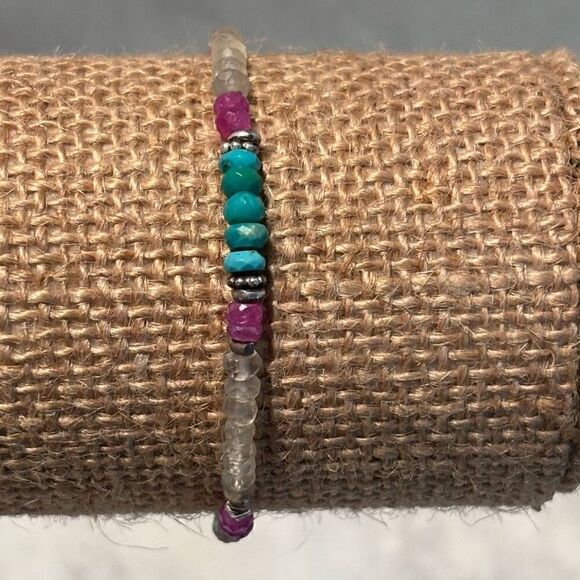 Sterling Silver Stone Mix Moonstone Turquoise & Coral Adjustable Bracelet OS - Picture 1 of 3